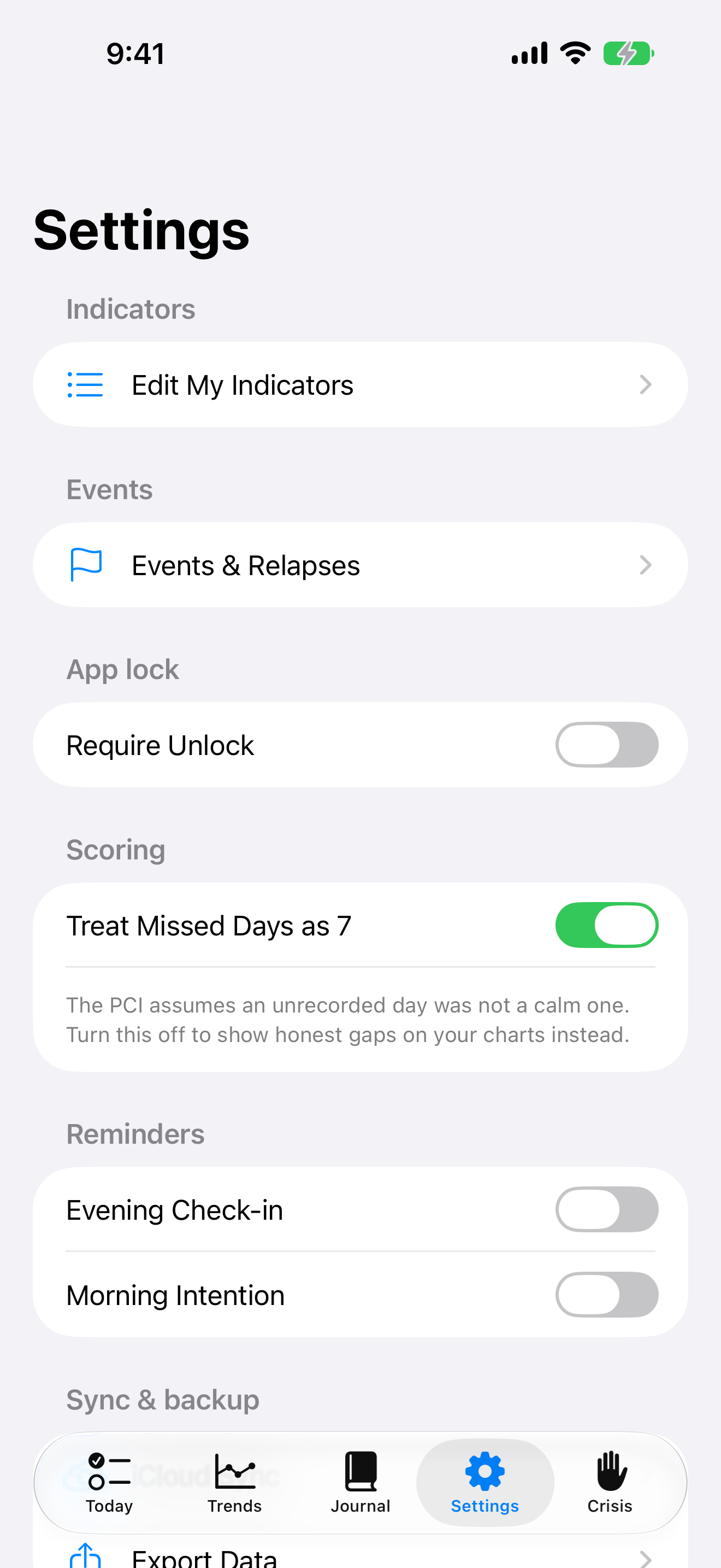 The Settings screen.